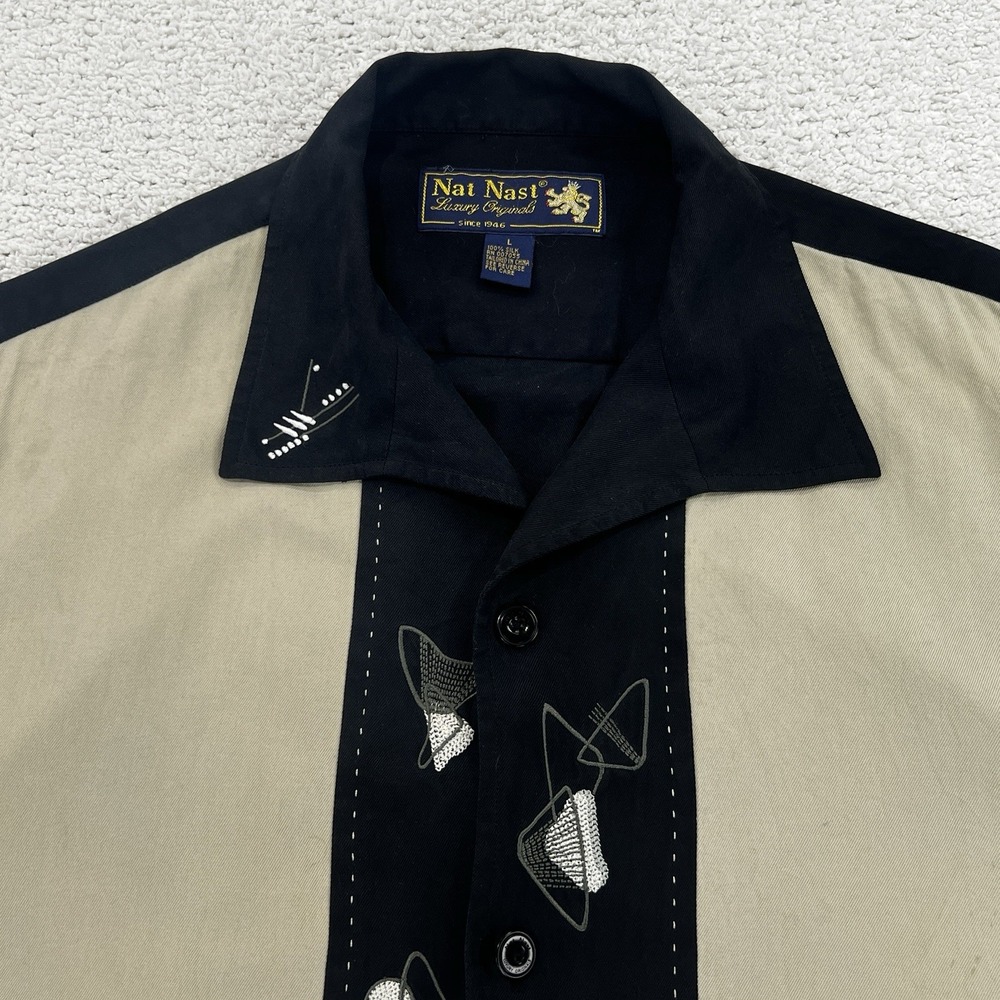 Nat Nast Shirt Mens L La Cava Dava Silk Camp Atomic Embroidery Beige Black EUC